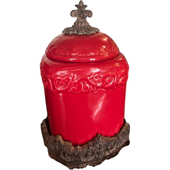 Drake Design Tuscan Scroll and Fleur De Lis  Canisters 2 Piece Set In BURGUNDY - Picture 1 of 4